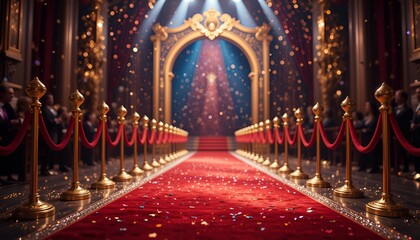 Opulent red carpet event entrance with gold stanchions under bright spotlights and confetti accents