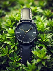 Black watch with a black band sits on a green bush