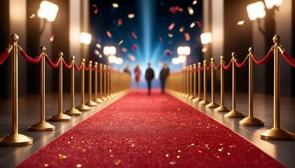 A vibrant red carpet leads towards blurred figures under spotlights and falling confetti glow