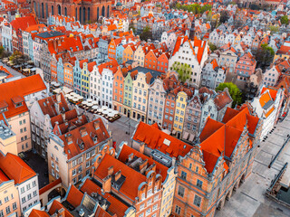 Gdansk with Motlawa river in Poland. Aerial landscape of the Main Town. Old town colourful house with saint Marys church.
