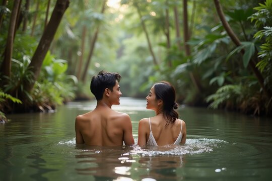Adventure: Young Asian Couple Enjoying Relaxation at Jungle Resort