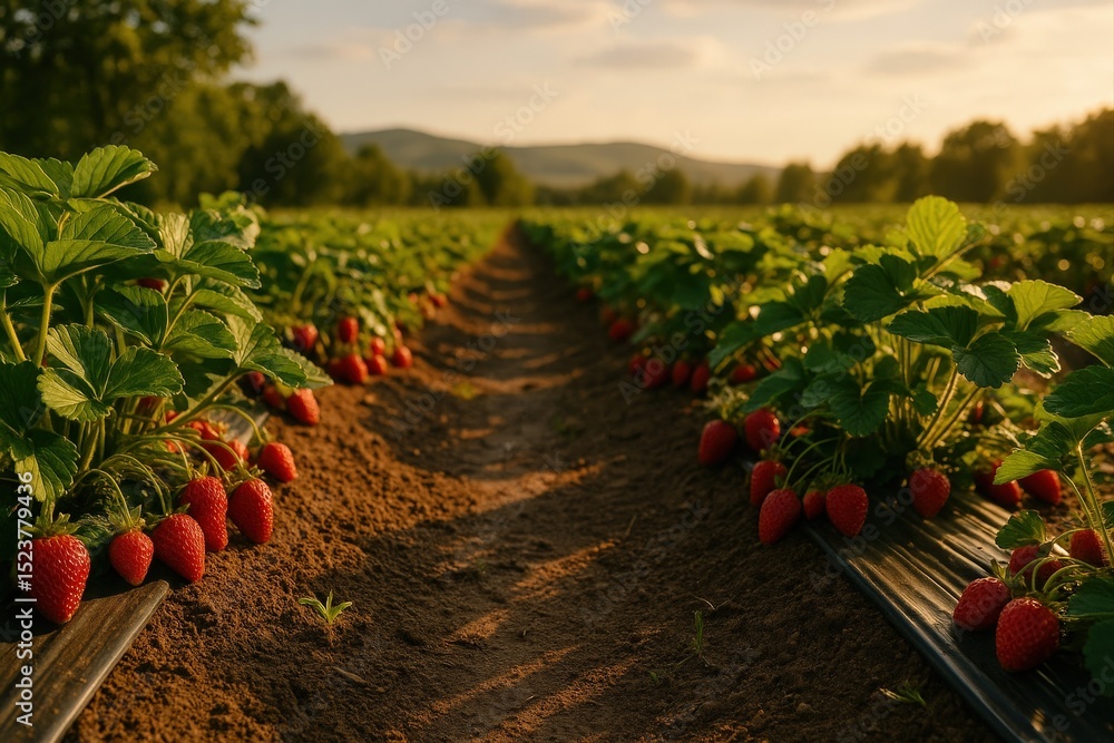 Poster field of strawberries in rows, with mountains in background under clear sky.