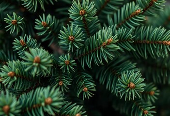 Close-up of lush, textured green spruce branches, fluffy pine needles  Christmas fir tree brunch,  brunch,  festive
