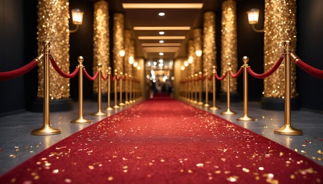 A grand red carpet event with people awaiting with gold confetti and ornate candelabra lights. - Powered by Adobe