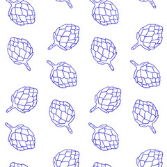 Seamless pattern of hand-drawn hops on a white background suitable for textiles or packaging designs