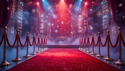 Opulent stage setup showcases a grand red carpet and illuminated backdrop for a special occasion.