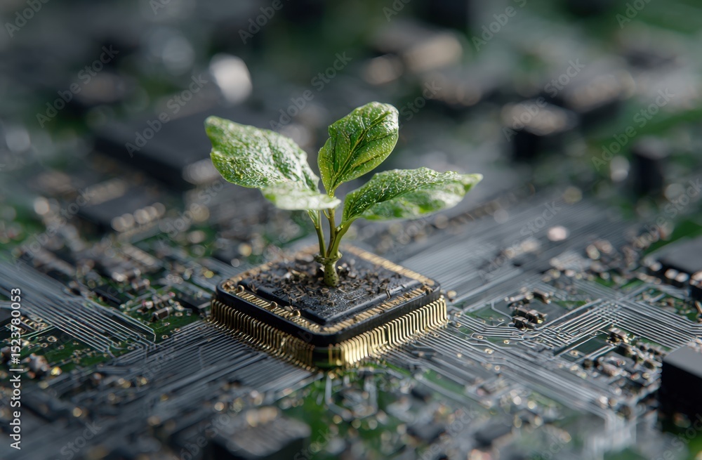 Poster plant sprouting from computer chip on circuit