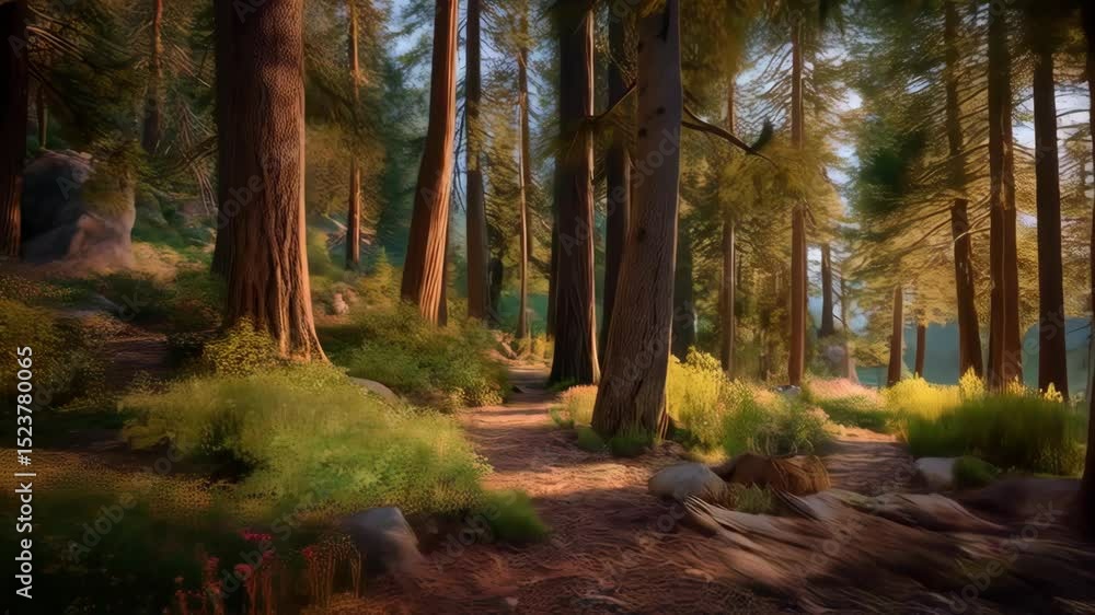 Poster scenic view of a sunlit forest path lined with tall trees next to a calm lake with foliage and rocks