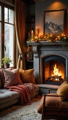 Fototapeta premium Cozy living room with fireplace, throw pillows, and warm lighting, creating a relaxing and inviting atmosphere perfect for autumn or winter , firelight, blanket