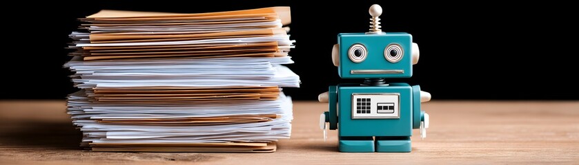 Against a minimalist backdrop, a robot is engaged in managing bankruptcy paperwork, highlighting the integration of advanced technology in future legal processes. The image includes extensive copy