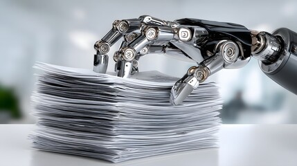 A robot efficiently handles stacks of bankruptcy documents in a clean, modern office setting, representing the future of legal work. The design features significant copy space, allowing for versatile