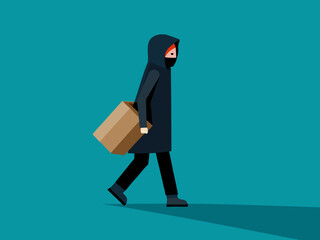 Mysterious Character in Black Cloak Holding Package Walking Right on Simple Background