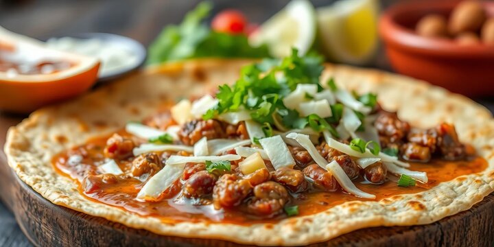 Crispy tlayuda, large, thin tortilla, refried beans, Oaxaca cheese, carne asada,   high quality,   handcrafted