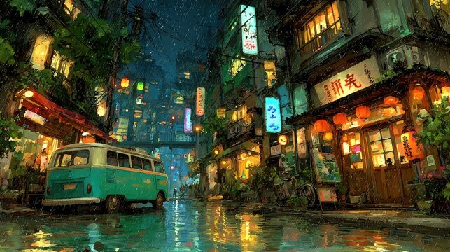 Anime background or wallpaper of a neon-lit cyberpunk city at night bustling streets with holographic billboards reflecting off rain puddles