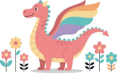 Fototapeta premium Cute pink dragon with rainbow wings and colorful flowers vector illustration 
