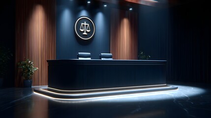 In a modern, tech-savvy office, a virtual bankruptcy lawyer provides expert advice via a holographic display. The scene is designed with plenty of copy space, emphasizing the future of legal