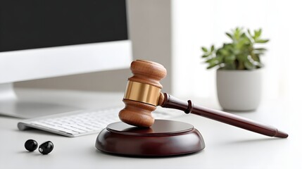 A virtual bankruptcy lawyer appears on a computer screen, offering legal advice through a video call, with a futuristic office setting in the background. The image includes ample copy space, perfect