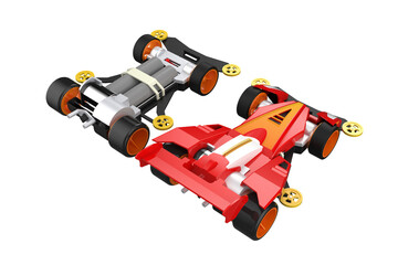 Two Yonku mini4WD Model Kit Race Cars: Highly Detailed Studio Shot. Excellent for Hobbyist Design Elements, featuring classic plastic scale models for building, racing, and collecting enthusiasts' DIY