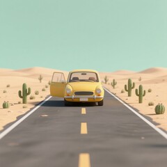 Yellow Car Driving on a Desert Road with Cacti and Sand Dunes