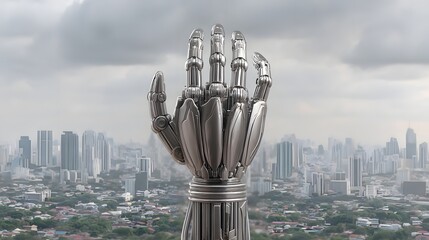 A cybernetic hand, with sleek metallic fingers, holds a foreclosure notice against a futuristic urban backdrop, symbolizing the intersection of advanced technology and financial distress. The image