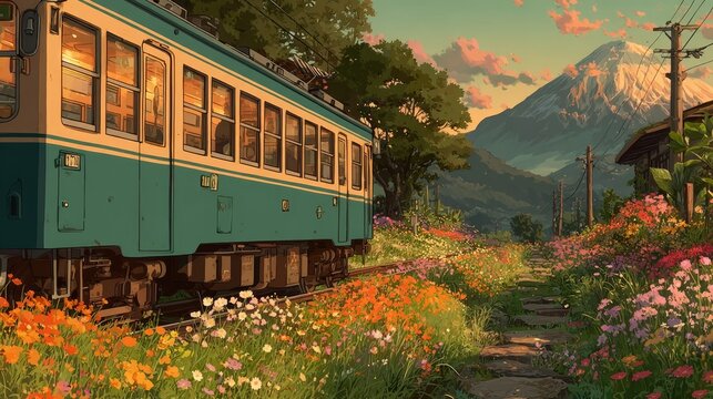 Fototapeta Anime background or wallpaper of a train speeding through a flower-filled valley sunlight streaming through windows