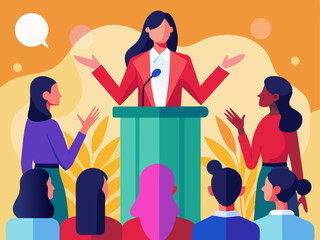 Colorful Cartoon Style Image of Female Speaker Motivating Audience in Public Speaking Scene