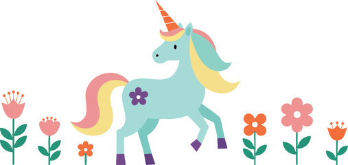 Cute unicorn with colorful mane and horn surrounded by flowers vector illustration 