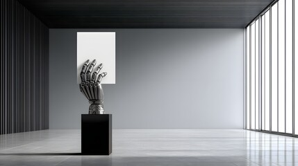 Against a sleek, modern backdrop, a robotic hand holds a foreclosure notice, symbolizing futuristic financial crises and the impact of technology on economic stability. The composition is