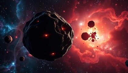Glowing asteroid fragments orbit a nebula, revealing ancient cosmic structures, background, texture