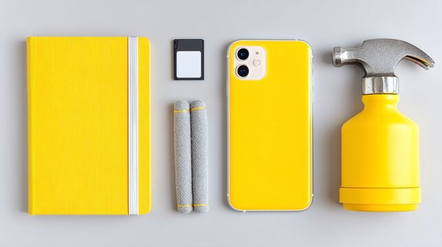 Yellow Office Tools And Gadgets Flatlay On Grey Background
