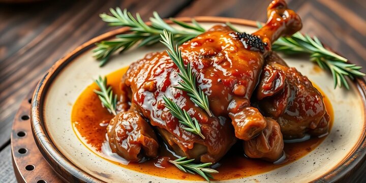 Golden-brown duck confit, rosemary sprigs, rustic platter,  home cooking,  entree