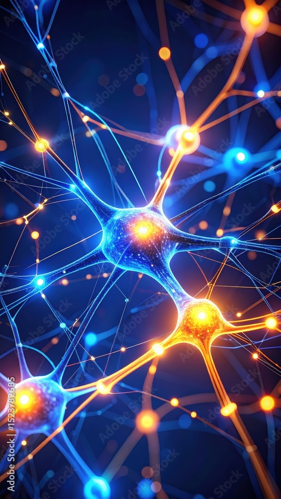 Poster neural network connections and pathways glow against a deep blue backdrop.