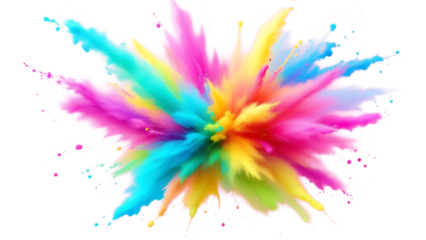 Vibrant rainbow dust powder explosion with dynamic motion, perfect for party, festival, or celebration themes. Transparent PNG with isolated background for easy design integration