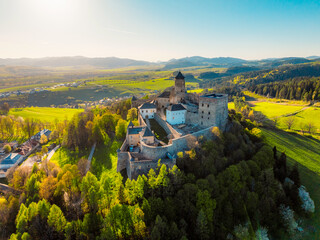 Slovakia landscape and panoramic sunny day view of Tatras mountain and Stara Lubovna castle