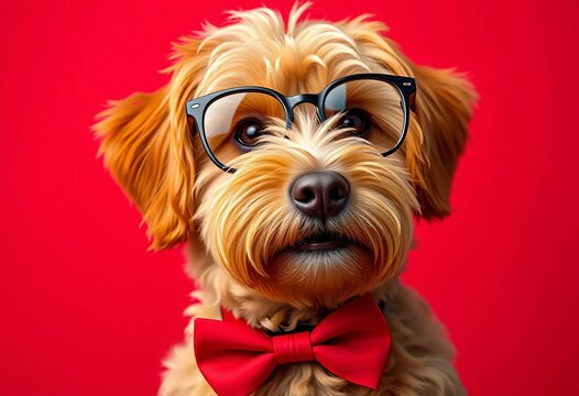 Havapoo dog, red bow tie, spectacles, red background,  animal,   dogstagram