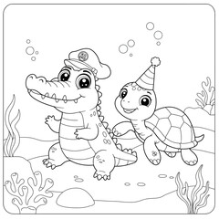 Cute Cartoon Crocodile and Turtle Underwater Coloring Page for Kids