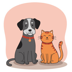 Cute Cartoon Dog and Cat Sitting Together with a Pink Background