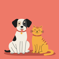 Cute Cartoon Dog and Cat Illustration on a Pink Background