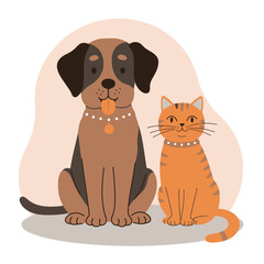 Cartoon Dog and Cat Sitting Together Wearing Collars with Medallions Illustration