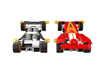 Two Yonku mini4WD Model Kit Race Cars: Highly Detailed Studio Shot. Excellent for Hobbyist Design Elements, featuring classic plastic scale models for building, racing, and collecting enthusiasts' DIY