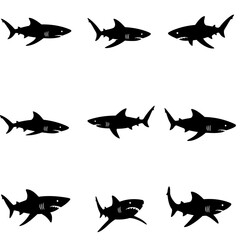 Collection of Shark Silhouettes in Various Poses on a White Background