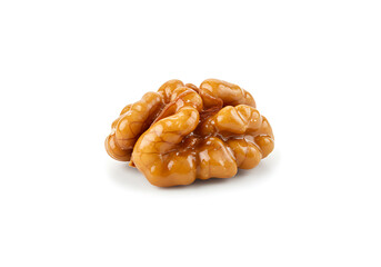 Closeup of a Single Shiny, Golden Brown Walnut, Isolated on White Background