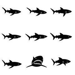 Collection of Shark Silhouettes with Different Poses and One Showing Teeth