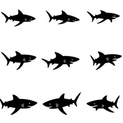 Collection of Nine Shark Silhouettes in Varying Poses on a White Background