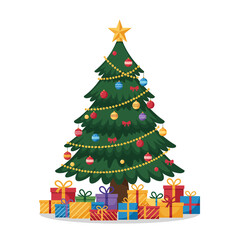 Festive Christmas Tree with Colorful Ornaments and Gifts Illustration