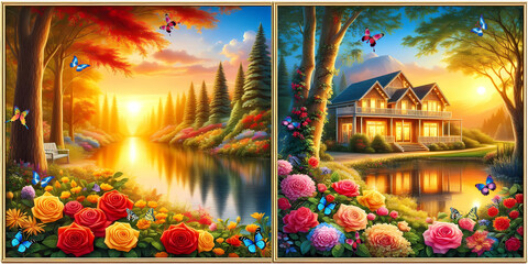Pictures of beautiful house and the beauty of beautiful trees and beautiful leaves and  rose flowers in a gold frame. sunset 02