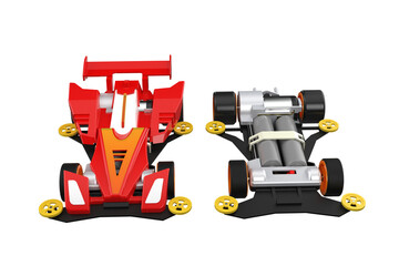 Fototapeta premium Two Yonku mini4WD Model Kit Race Cars: Highly Detailed Studio Shot. Excellent for Hobbyist Design Elements, featuring classic plastic scale models for building, racing, and collecting enthusiasts' DIY