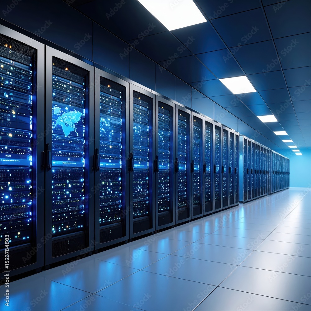 Poster futuristic data center room with server racks and digital network infrastructure