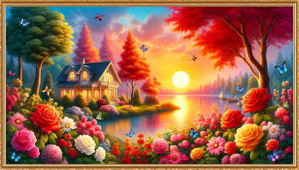 Pictures of beautiful house and the beauty of beautiful trees and beautiful leaves and  rose flowers in a gold frame. sunset 06