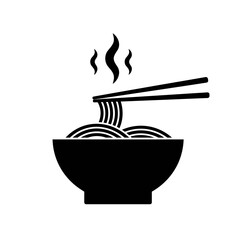 Black and White Icon of Noodles in a Bowl with Chopsticks